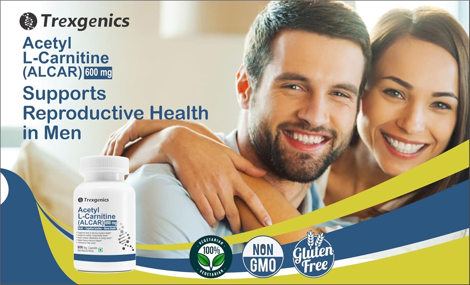 Advertisement for Trexgenics Acetyl L-Carnitine supplement with a couple smiling.