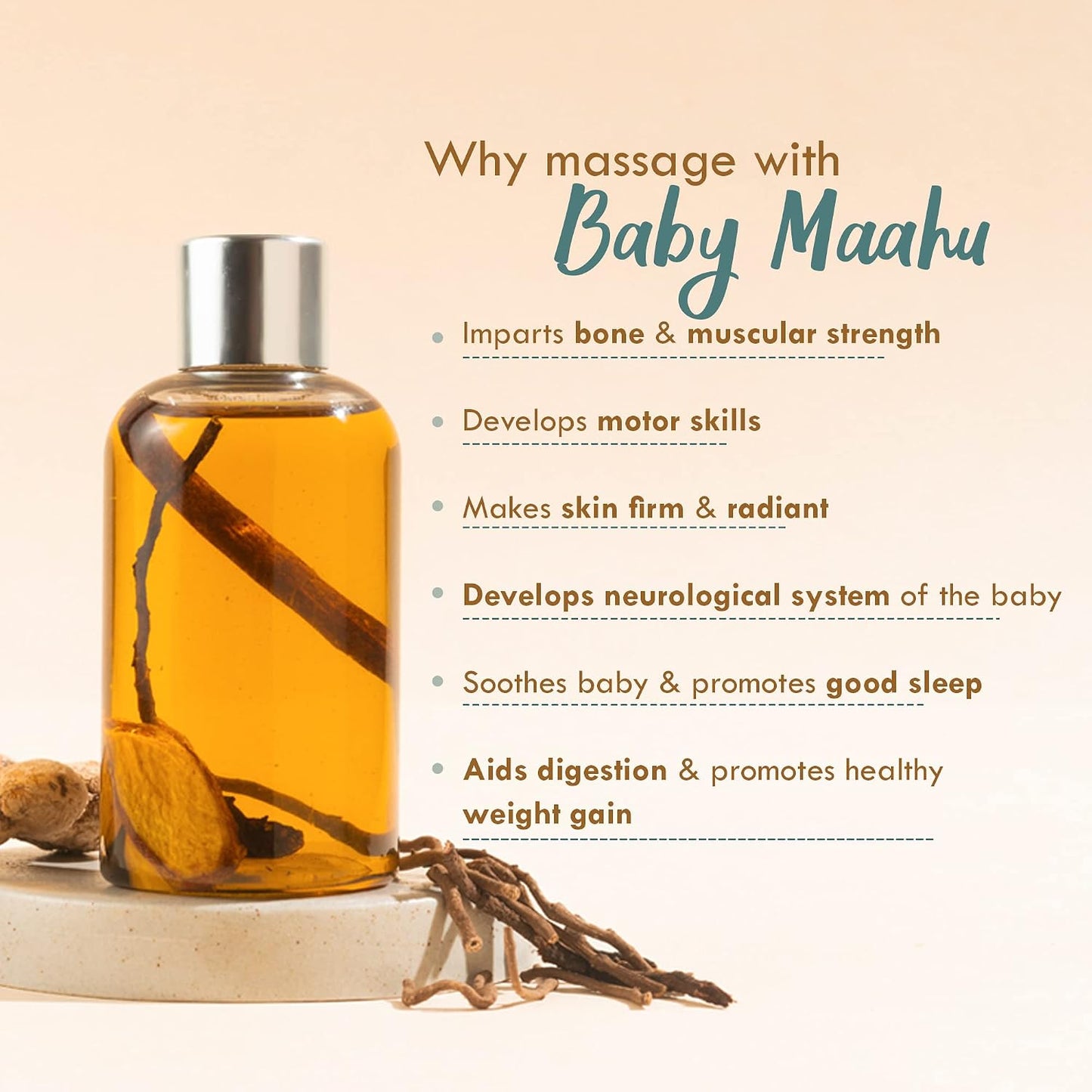 Nat Habit Winter Maahu Baby Massage Oil - Balamool Sunthi For Bone Development, Muscular Strength & Healthy Skin - Suitable For Ages 0 to 12 years - Zero Chemicals & Preservatives - 100ml