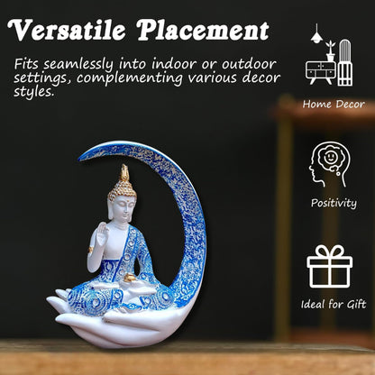 Blue & White Meditating Buddha Idol – Resin Showpiece with Moon & Lotus Hand Base for Home Decor, Office & Spiritual Gift