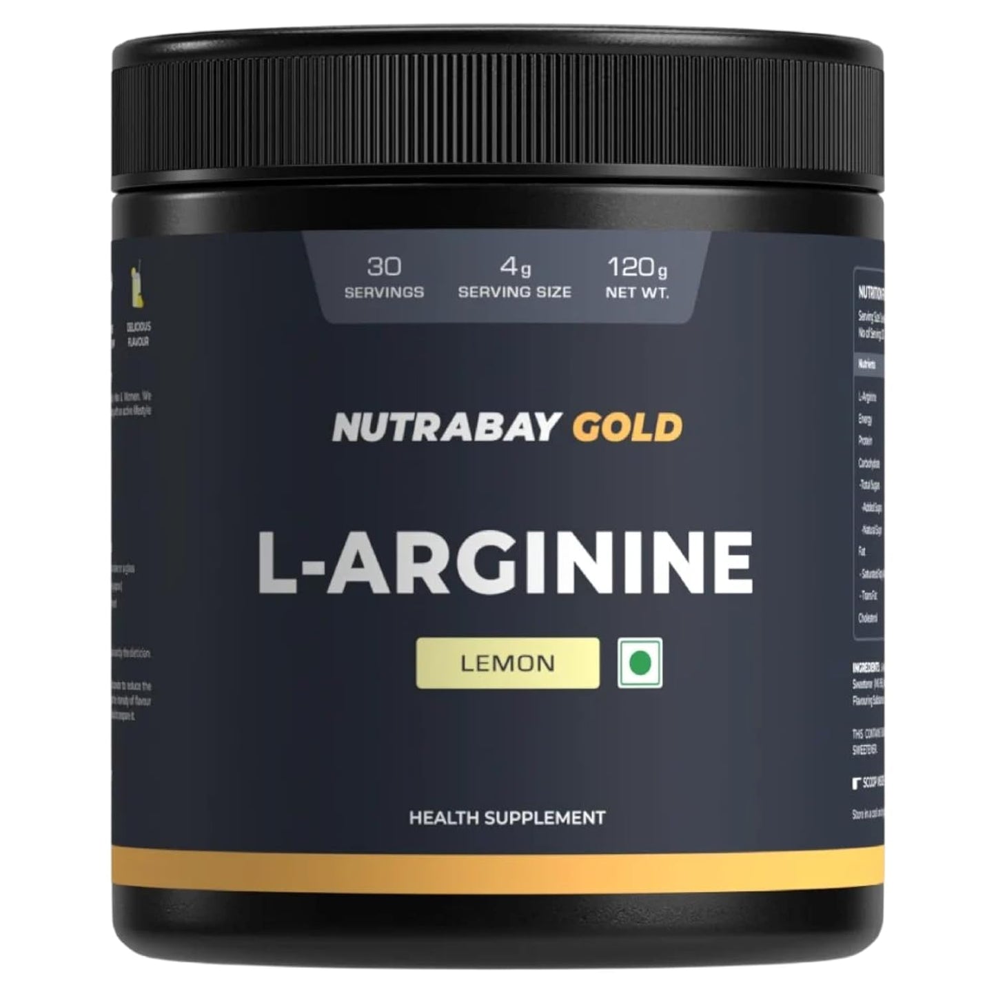 Nutrabay Gold L-Arginine supplement container with black lid and label.
