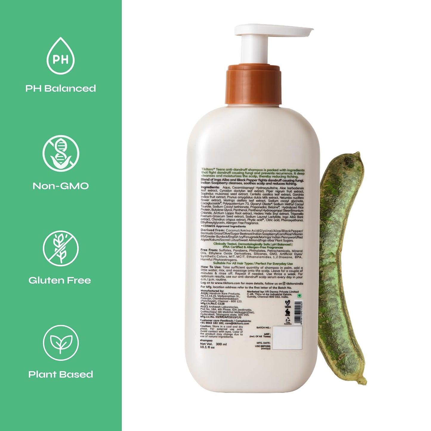 Tikitoro Teens Anti-dandruff Shampoo 100% Vegan with Aloe vera, Provitamin B5, Hibiscus, Rice Protein, Cleanses Scalp, Conditions Hair No Parabens & Sulphates (300ml x 1)