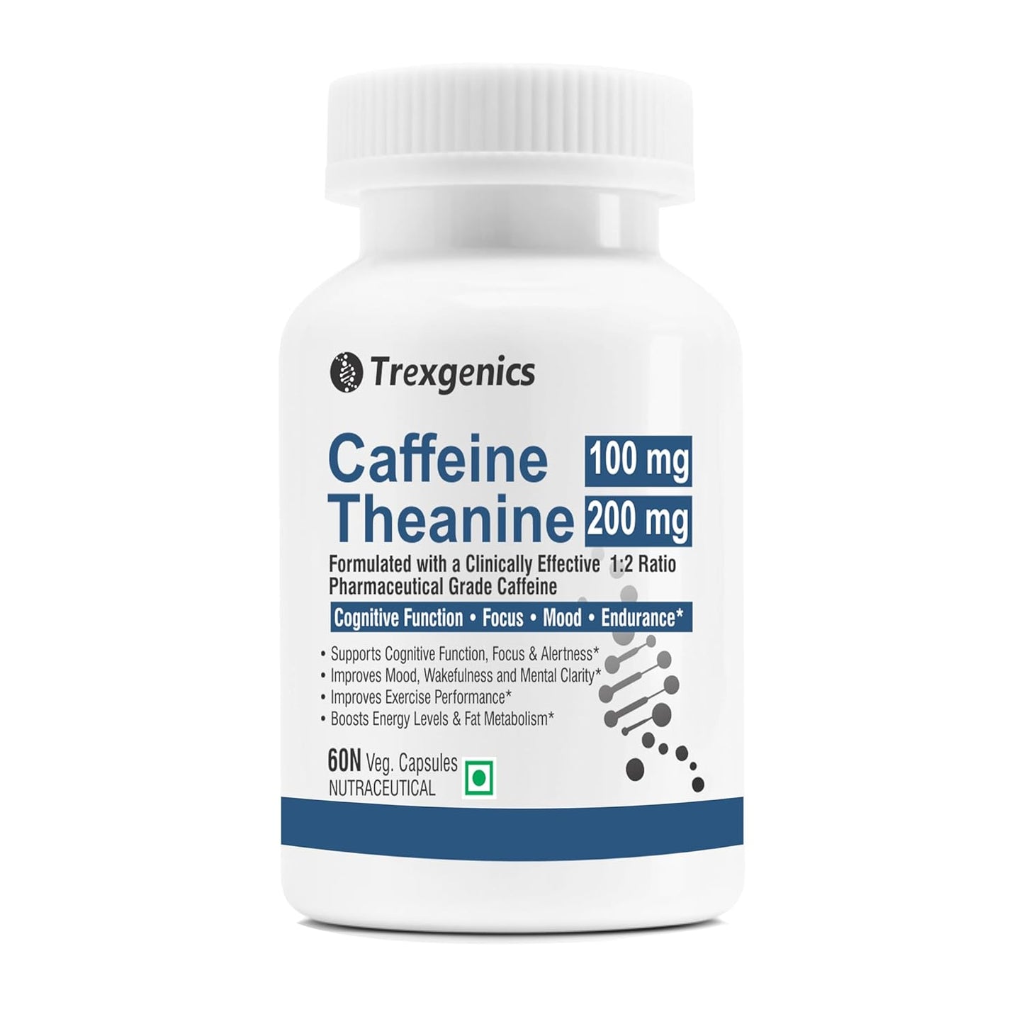 Trexgenics L-THEANINE 200 mg, CAFFEINE 100 mg Cognitive Function, Refresh, Focus, Mood, Endurance Support (Theanine 200mg + Caffeine 100mg (60 Veg Caps))