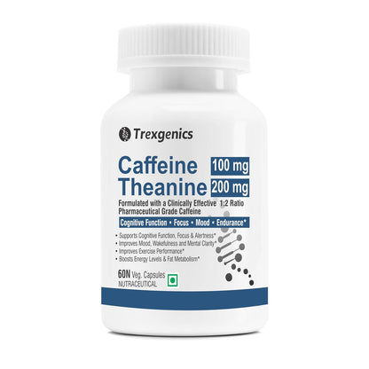 Trexgenics L-THEANINE 200 mg, CAFFEINE 100 mg Cognitive Function, Refresh, Focus, Mood, Endurance Support (Theanine 200mg + Caffeine 100mg (60 Veg Caps))