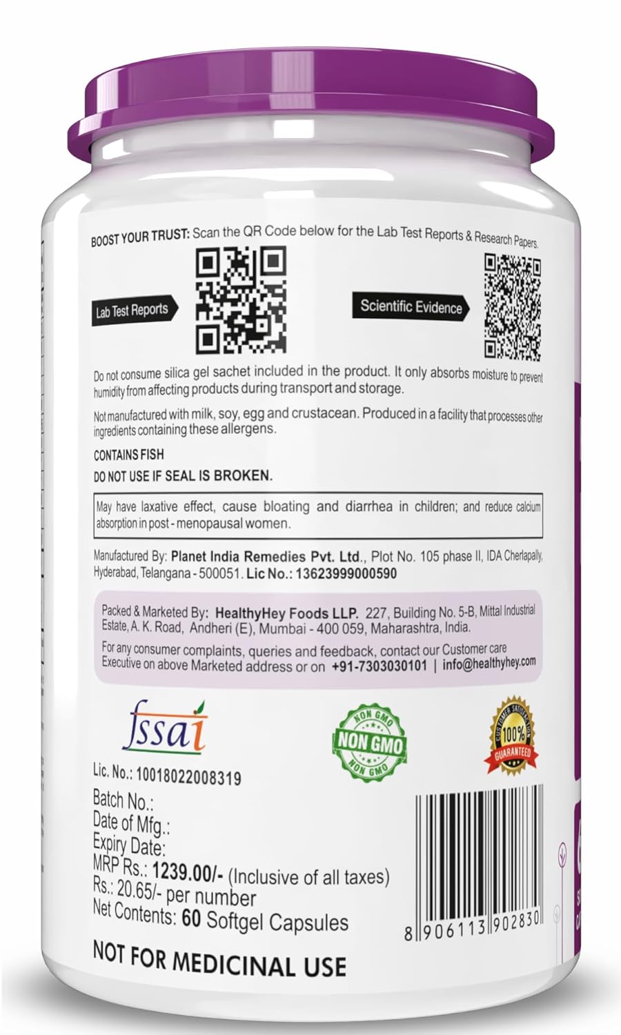 Supplement container with label, QR code, and certification logos on a white background
