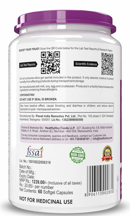 Supplement container with label, QR code, and certification logos on a white background