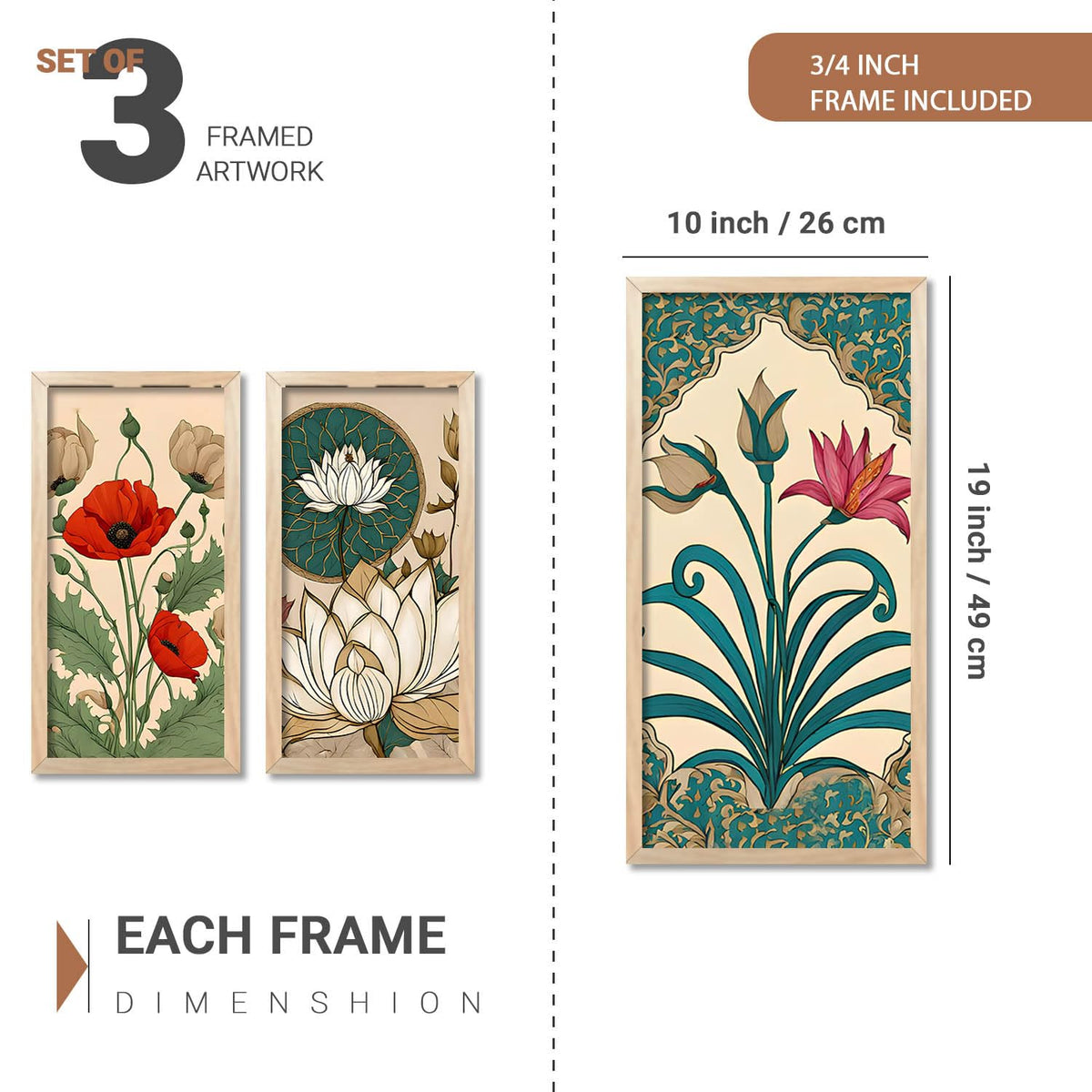 Indian Traditional Madhubani Art Home Decoration Wall Painting Art With Frame For Living Room Bed Room Hotel Wall Decor Digital Reprint Engineered Wood Set of 3 (1, 10x19 inch)