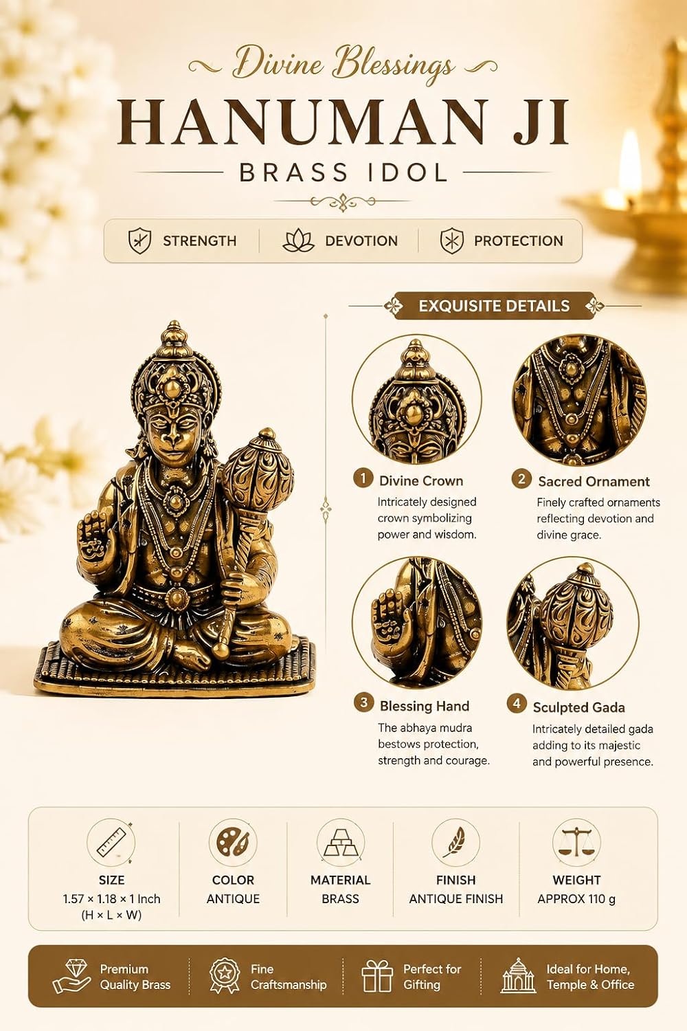 2 Inch Hanuman Brass Murti for Home Temple, Bajrangbali Idol for Pooja Room, Office Desk & Car Dashboard, Brass God Statue for Strength, Courage, Positive Energy & Spiritual Décor
