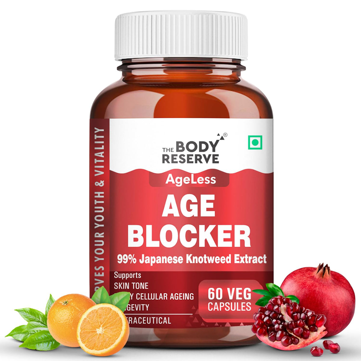 Bottle of 'Age Blocker' supplement from The Body Reserve with fruits on a white background