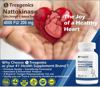 Trexgenics NATTOKINASE 4000 FU / 200 mg from Natto- Double Strength, Heart & Cardiovascular Health Support (4000 FU (30 Veg Capsules))