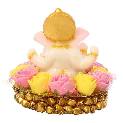 Lord Ganesha Idol on Decorative Handcrafted Plate with Pink and Yellow Flowers