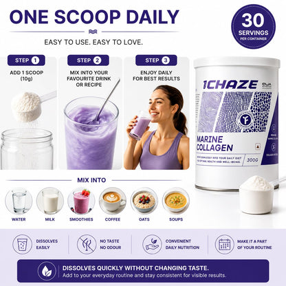 QUA Nutrition 1Chaze Marine Collagen Powder | Natural Collagen Supplements for Women & Men | Type 1 Peptides for Skin, Hair, Nails, Joints | Gluten-Free, Zero Sugar, Keto Friendly | 10g x 25 Servings