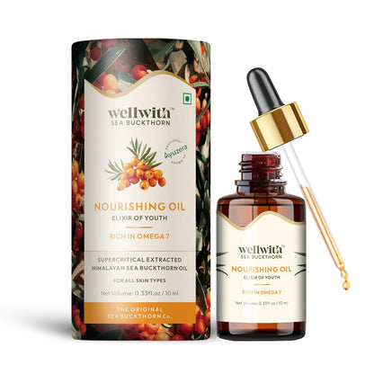 Wellwith (Ayuzera) Sea Buckthorn Berry Oil 10ml | Face & Hair Serum | Nourishing Oil | Omega 3,6,7 & 9 | Collagen Boosting | Dull Skin & Fine Lines & Dark Spots | For Smooth, Glowing Skin (Pack of 1)