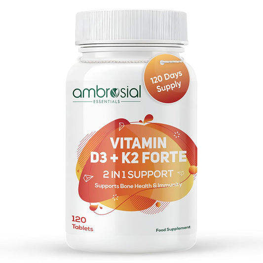 Ambrosial Vitamin D3 + K2 Forte supplement bottle on a white background