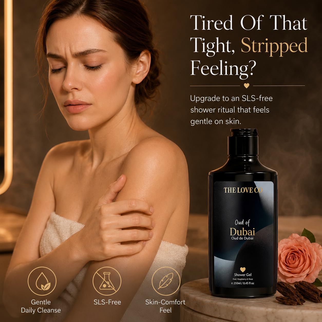THE LOVE CO Oud of Dubai Body Wash 250ml | Luxury Oud Shower Gel for Men & Women | Hydrating Body Cleanser with Niacinamide & Shea Butter | Paraben Free Daily Bath & Shower Gel