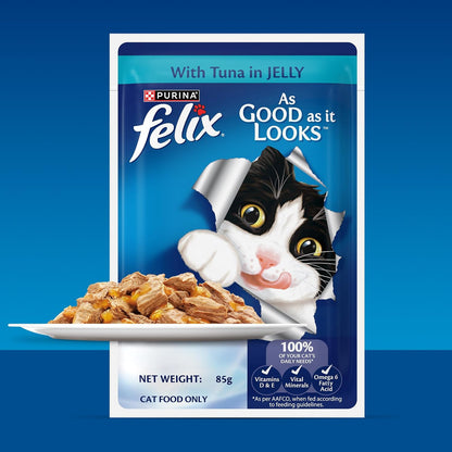 Purina Felix Tuna in Jelly, Wet Food for Adult Cats, 85g Pouch | With Tuna in Jelly, Tasty Meaty Chunks, 100% Complete & Balanced Nutrition, Vitamins D & E, Omega 6, Essential Minerals