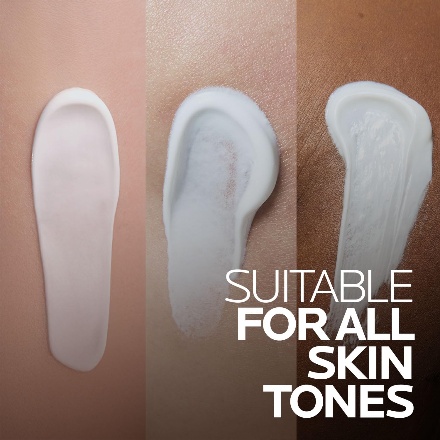 Three swatches of cream on different skin tones with text 'Suitable for all skin tones'.