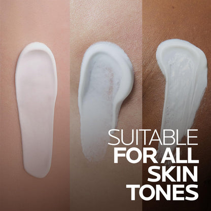 Three swatches of cream on different skin tones with text 'Suitable for all skin tones'.