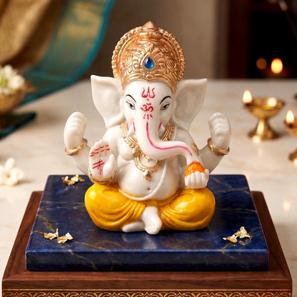 Ganesha Idol for Car Dashboard Ganesha Murti Ganpati Idol Home Decor Puja Lord Ganesh Statue Gift for Office for Office Desk Puja Room Figurine (Yellow and Cream 2.5 inches)