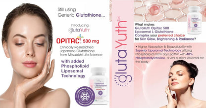 Advertisement for glutaYuth with a woman's face and product packaging.