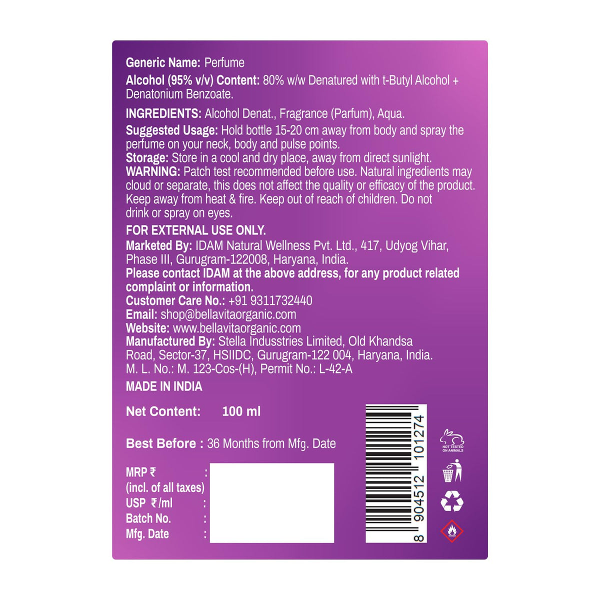 Back label of a perfume bottle with text and product details on a purple background