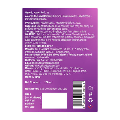 Back label of a perfume bottle with text and product details on a purple background