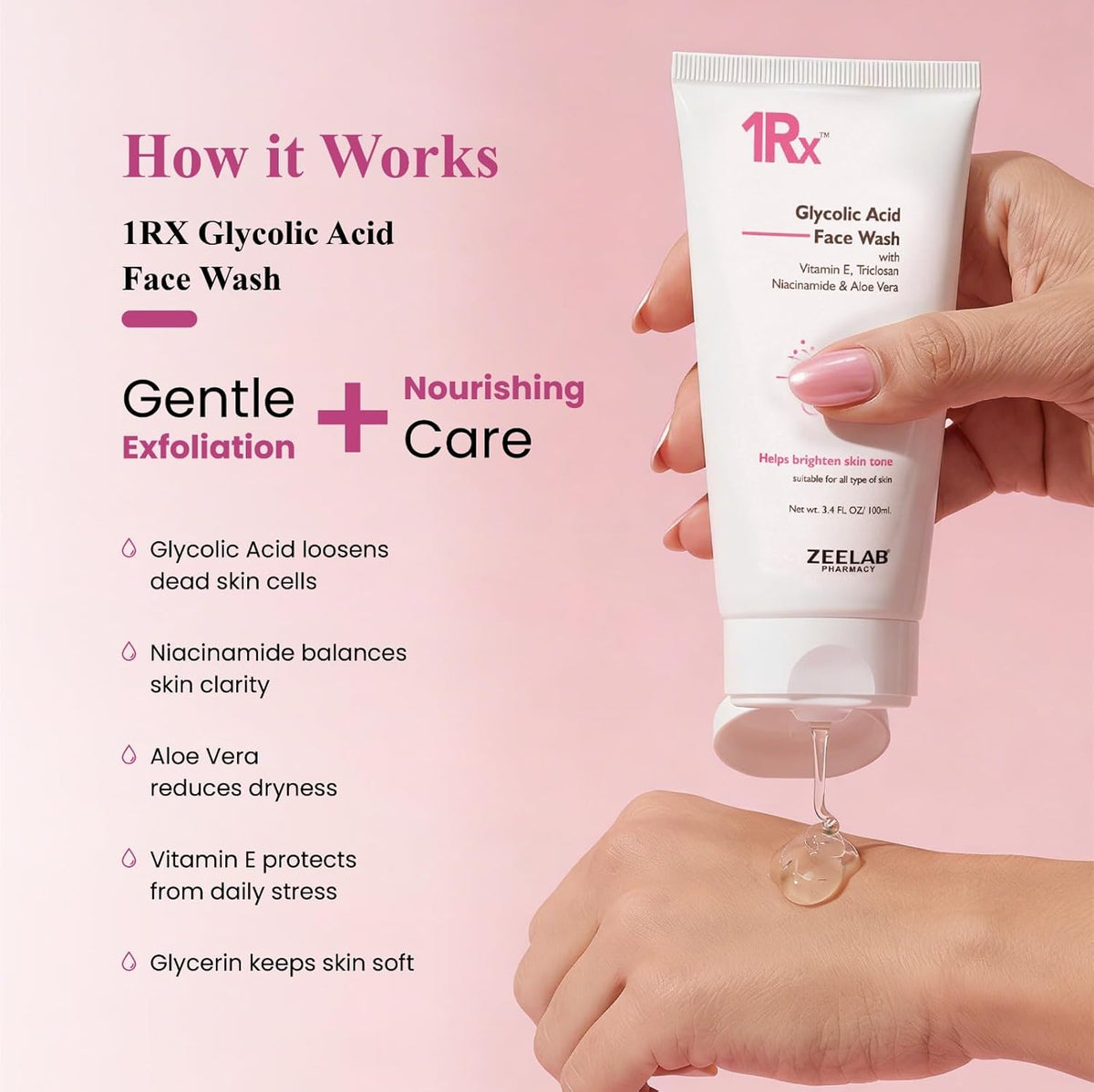 1RX Glycolic Acid Face Wash with a hand holding it and pouring out some of the product on a pink background.