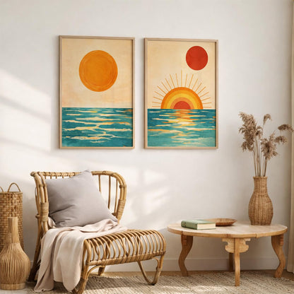 Set of 2 Sunset Ocean Framed Wall Painting for Living Room | Modern Abstract Sun Wall Art | Aesthetic Coastal Sea Wall Decor Frames for Bedroom, Hall & Office