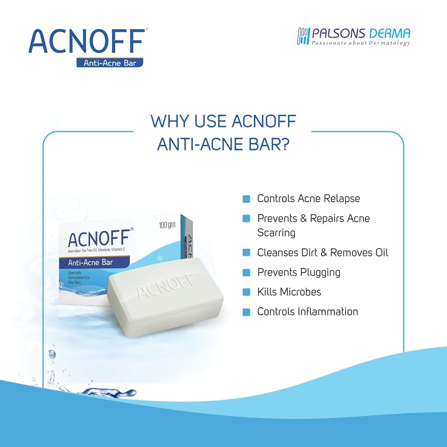 ACNOFF Anti-Acne Bar 100 gm | For Skin prone to Acne & Blemishes | Specially Formulated for Oily Skin | Unclogs Pores | Effective Cleansing without causing Dryness or Irritation