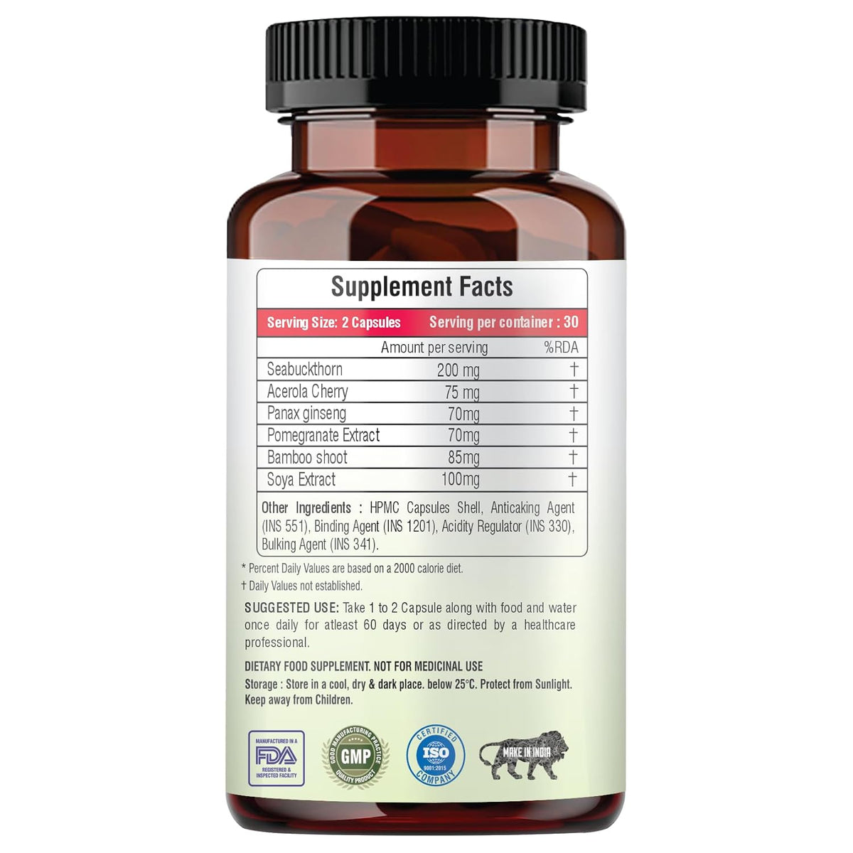 Supplement bottle with label showing ingredient list and nutritional information on a white background