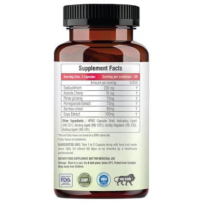 Supplement bottle with label showing ingredient list and nutritional information on a white background