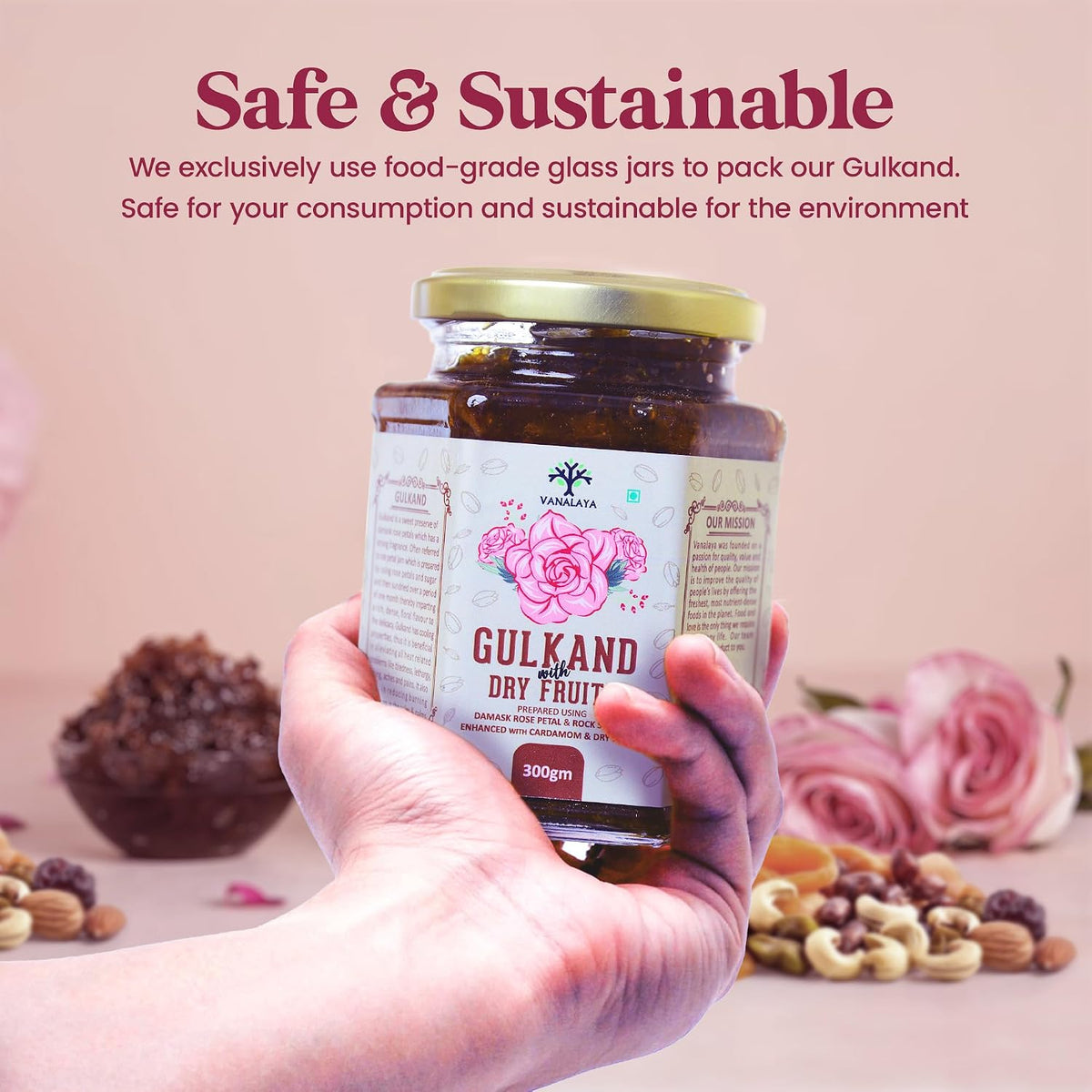 Vanalaya Natural Gulkand Rose Petal Jam - Sun-Cooked Traditional Damask Rose Petals with Cardamom - 600gm