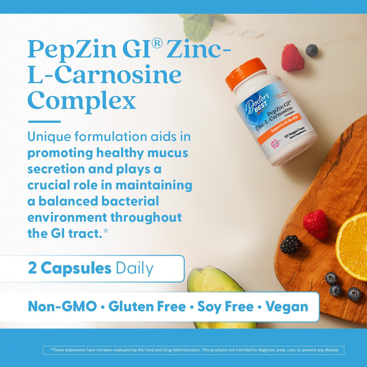 PepZin GI Zinc-L-Carnosine Complex bottle with fruits on a cutting board, promotional text about health benefits.