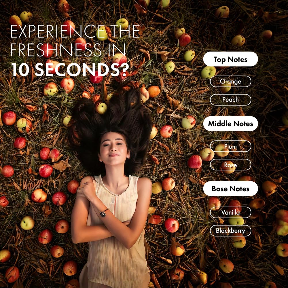 Woman lying among fruits with fragrance notes displayed