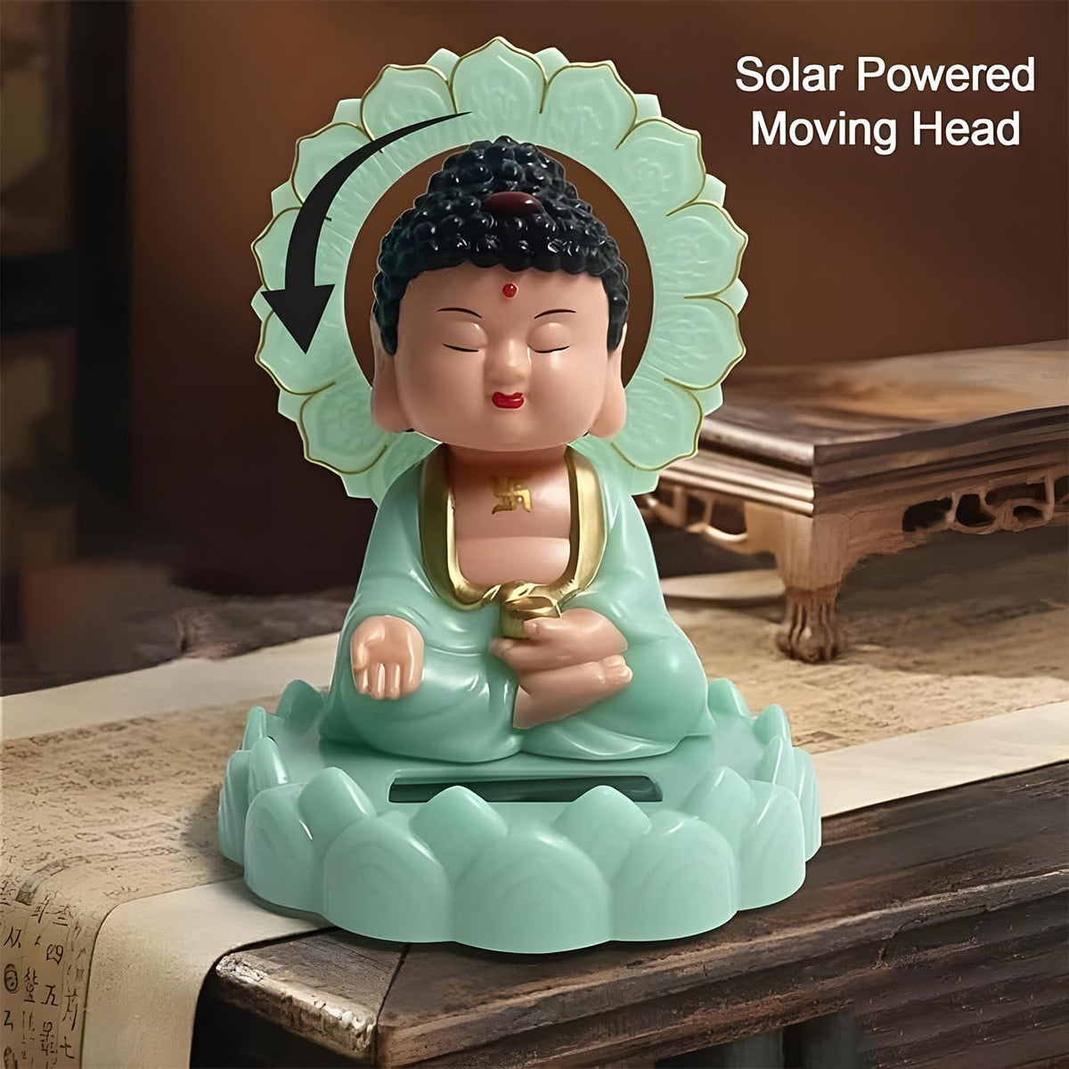 Buddha Statue | Plastic Solar Powered Moving Head Buddha Statue| for Living Room, Car Dashboard, Home, Office Desk, Wealth & Prosperity | Good Luck Cute Buddha (Light Blue Color) (1 Pc)