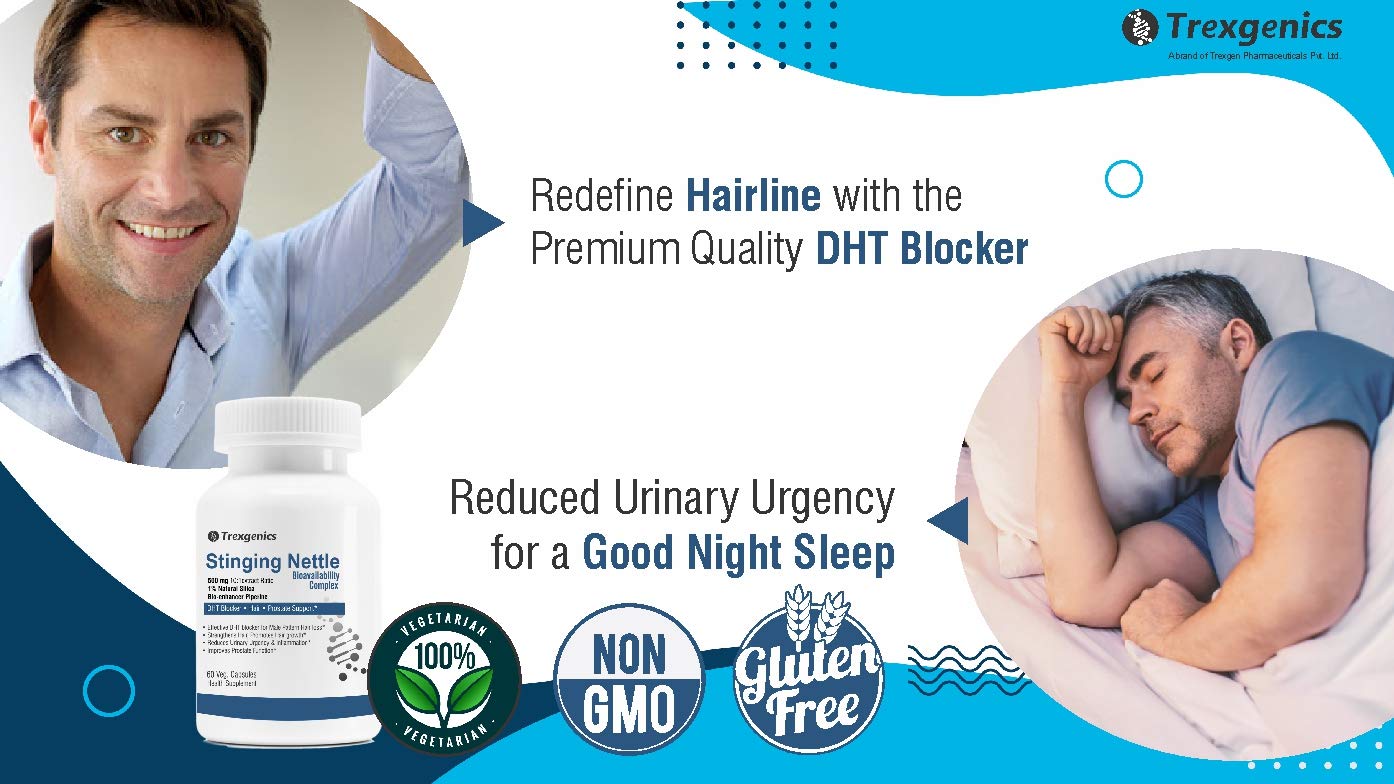 Advertisement for Trexegenics DHT blocker with a man and a woman, product bottle, and text on a blue and white background.