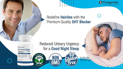 Advertisement for Trexegenics DHT blocker with a man and a woman, product bottle, and text on a blue and white background.