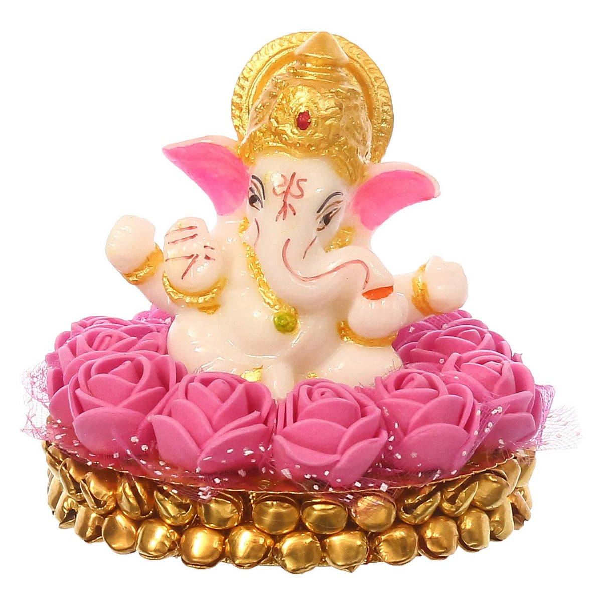 Lord Ganesha Idol on Decorative Handcrafted Plate with Pink Flowers