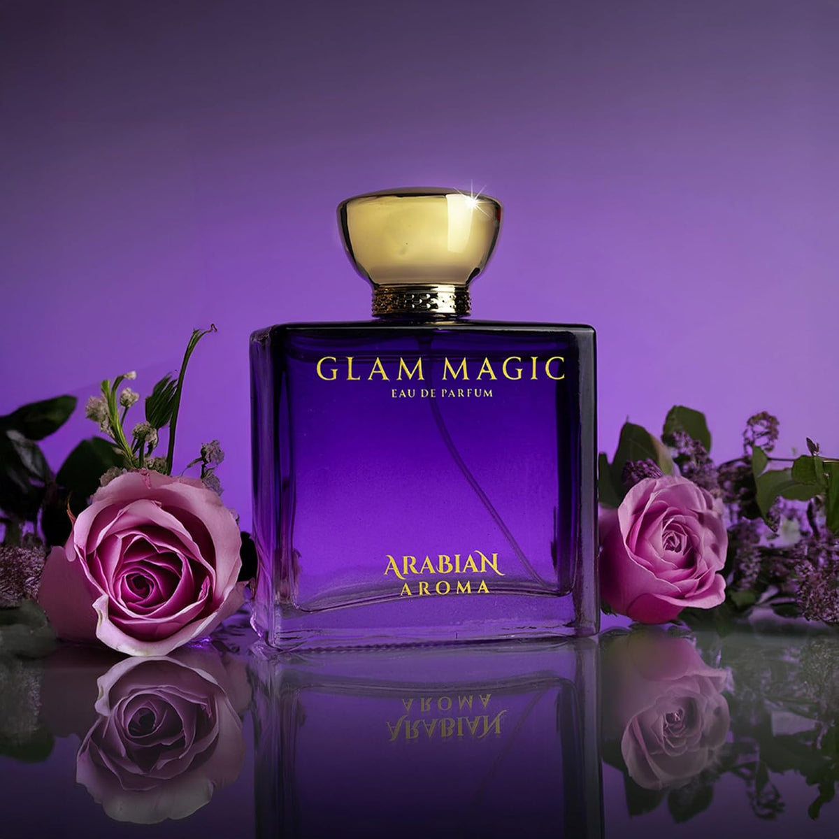 Perfume bottle labeled 'Glam Magic' with pink roses on a purple background