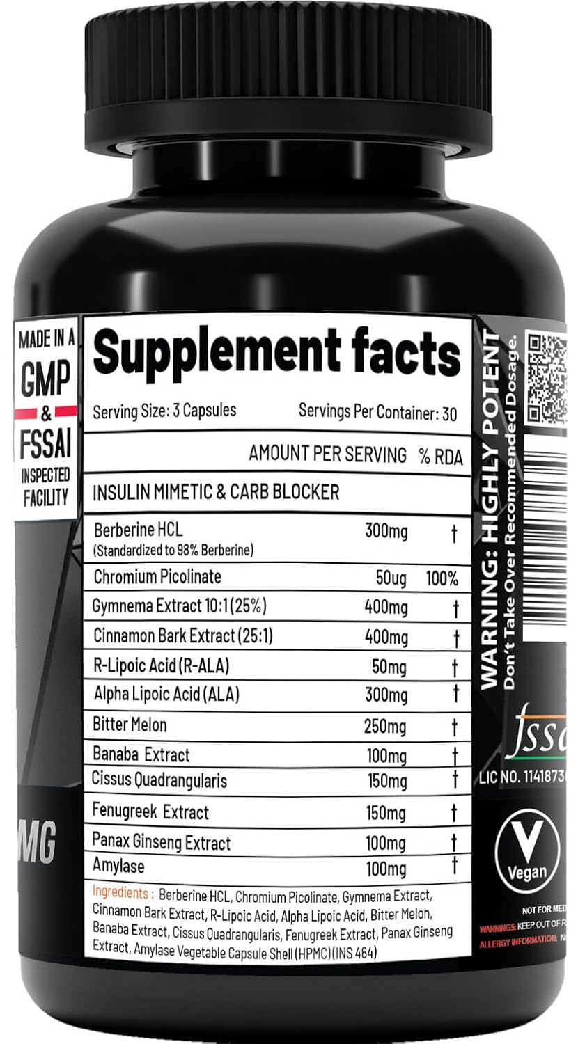 NutriJa GDA Stack | Berberine HCL 98% Standardized, Chromium, ALA, Botanicals and Enzyme |12 Ingredient Blend- 90 Capsules