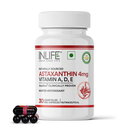 INLIFE Astaxanthin 4 mg Supplement AstaZine | Natural Antioxidant Supplement with Vitamin A, D3 & E – High Absorption Formula – 30 Liquid Filled Vegetarian Capsules