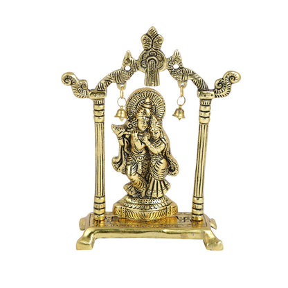 Metal Lord Krishna Swing Statue with Antique Gold Finish & Bells - Spiritual Krishna Idol for Home Décor, Mandir Decoration, 6-Inch Brass Religious Sculpture