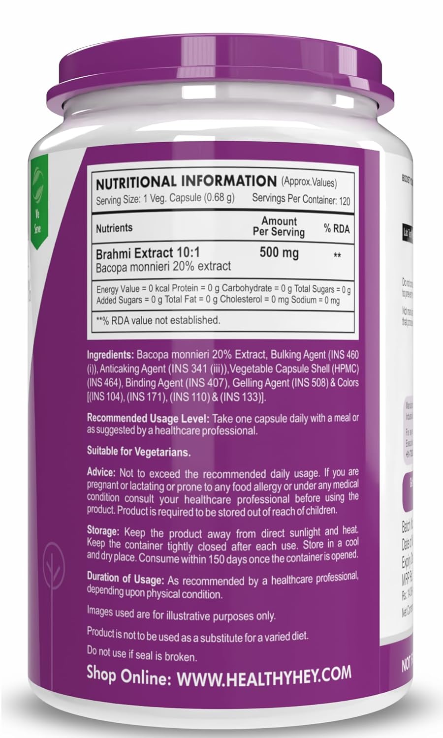 Supplement container with purple lid and label displaying nutritional information and branding.
