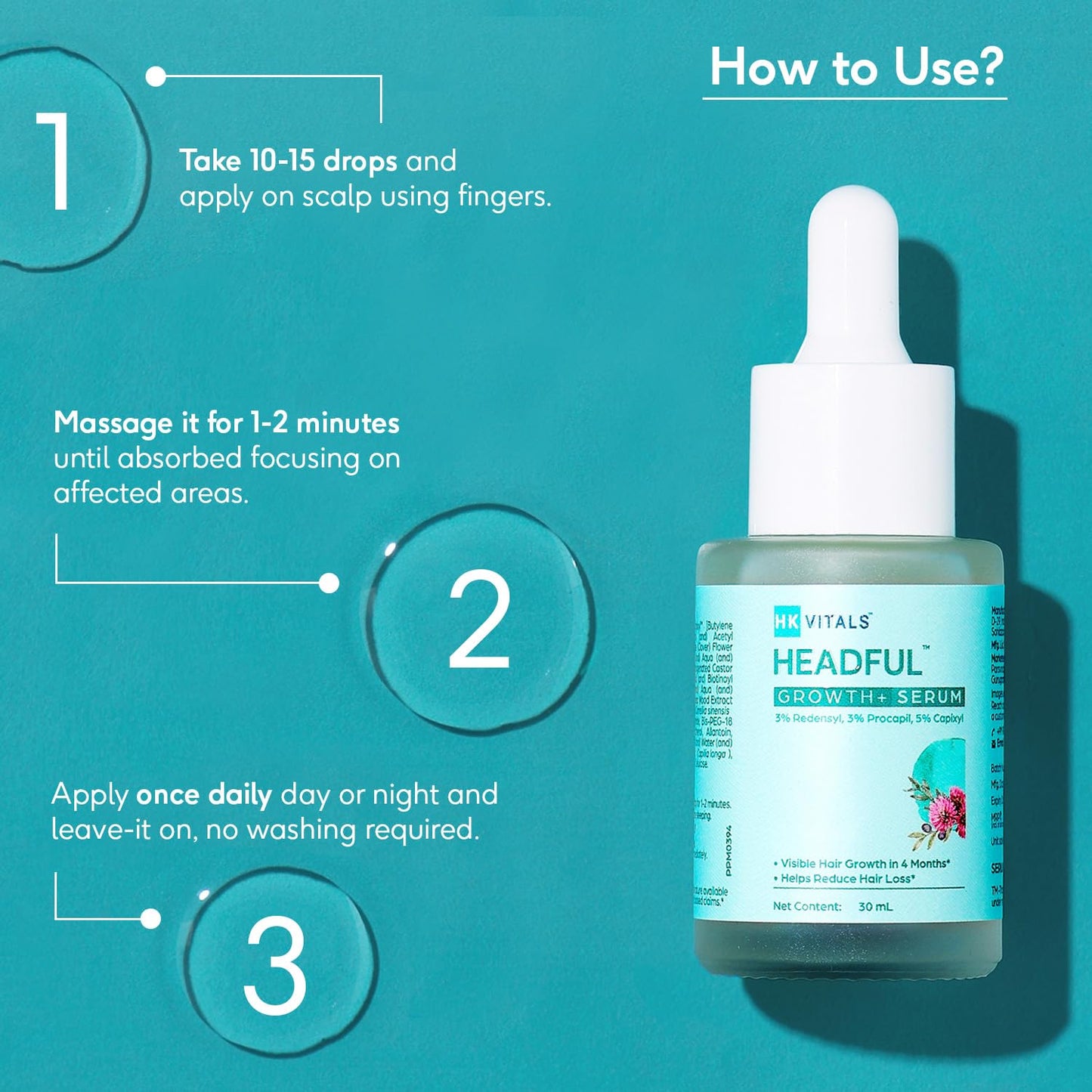 HK Vitals by HealthKart Headful Growth+ Serum with 3% Redensyl™, 3% Procapil™, & 5% Capixyl™ (30ml) | For Hair Growth & Hair Fall Control | Dermatologically Tested