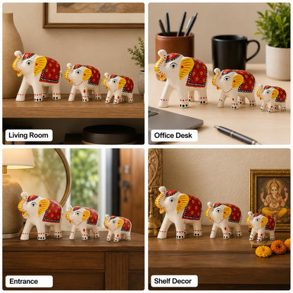 DreamKraft Paper Mache Elephant Showpiece Idols, White, Set of 3