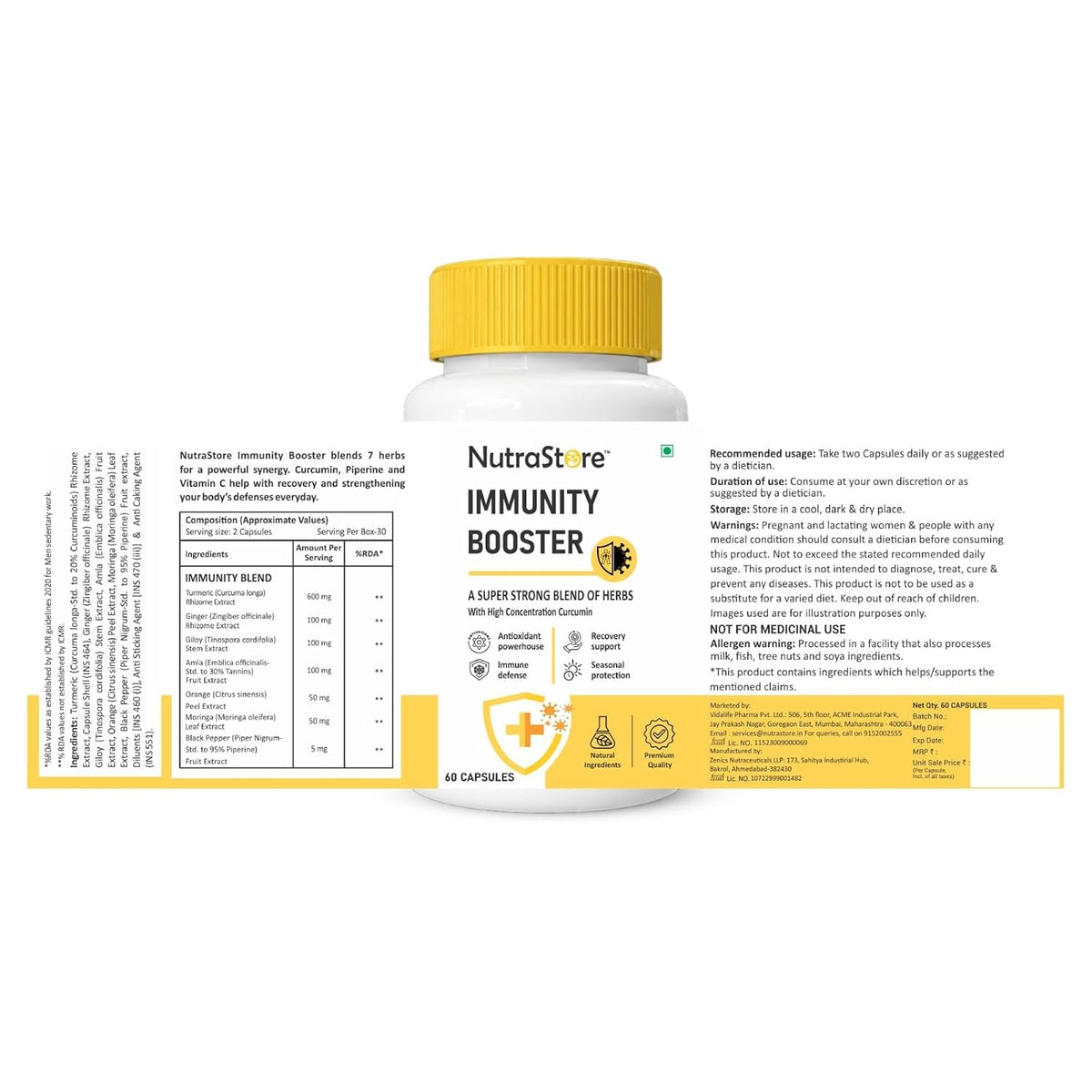 NutraStore Immunity Booster for Men & Women | Curcumin, Natural Vitamin C, Piperine | 60 Capsules | All Natural Ingredients