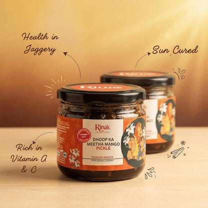 Mango Pickle Mango Achar Sweet Aam Ka Meetha Achar Rina's Dhoop Ka Meetha Sun Cured Mango Pickle with Organic Jaggery and Panchphoran Masala, No Artificial Preservatives