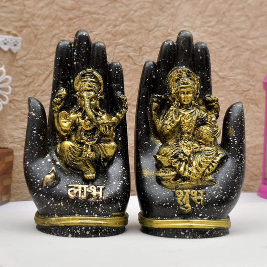 Goddess Lakshmi and Lord Ganesh Palm Idol/Statue/Murti Decorative Showpiece, Ganesha Laxmi Figurine for Puja (Golden)