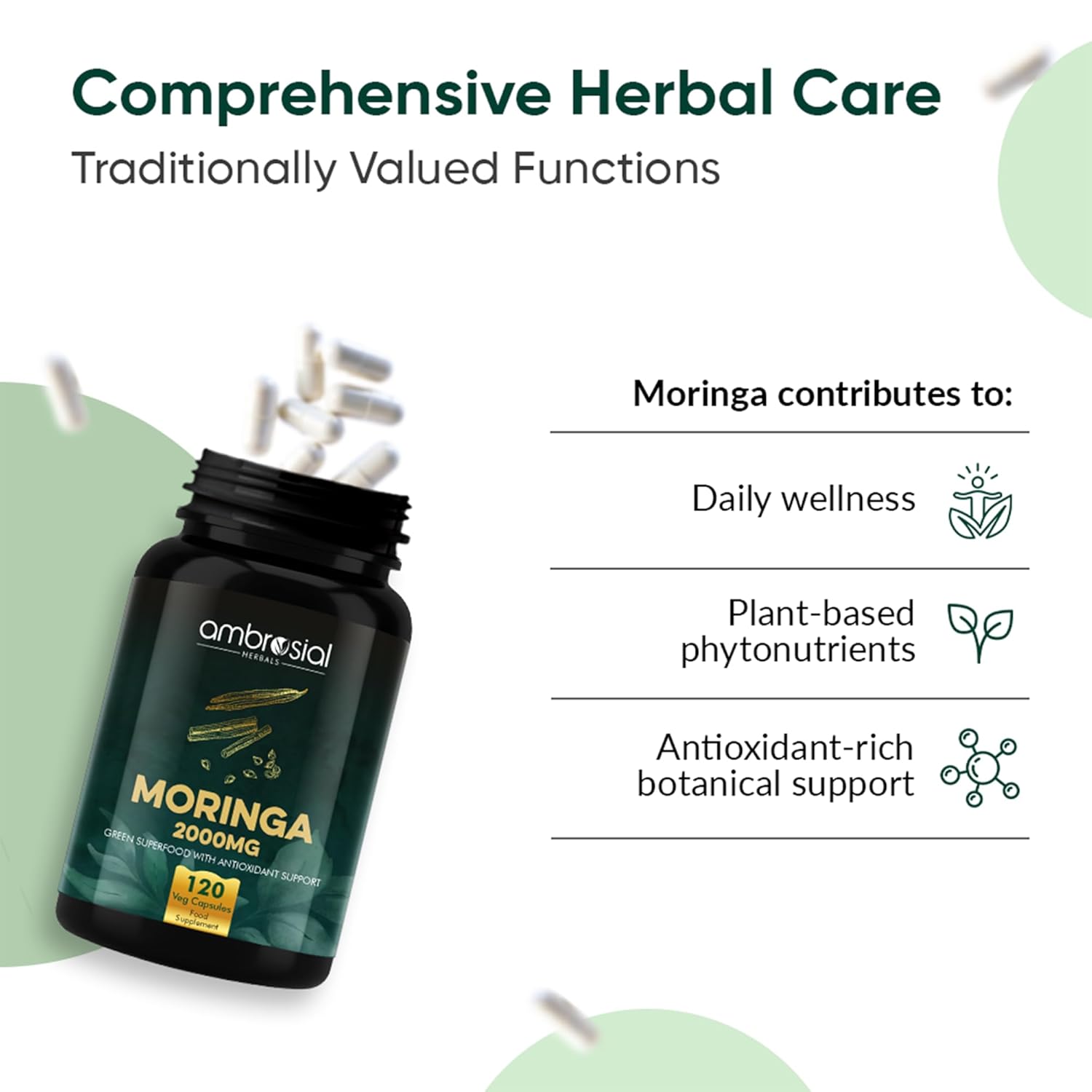 Ambrosial Moringa supplement bottle with text on a green background