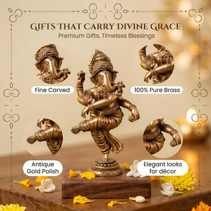 100% Pure Brass Dancing Ganesha Idol (Size: 6.2cm) | Pital Ganesh Murti for Pooja Room, Home Decor, Office Desk and Car Dashboard | Vinayagar Statue for Diwali Puja
