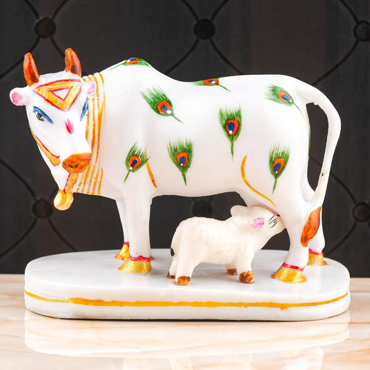 Artyog Calf Statue in Marble Dust, 9CM Holy COWw Idol, Showpiece for Home Decor, Handmade Divine COWw, Mother COWw with Baby Calf, kamdhenu (mor)